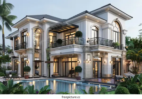 Luxury Villa with Swimming Pool at Dusk