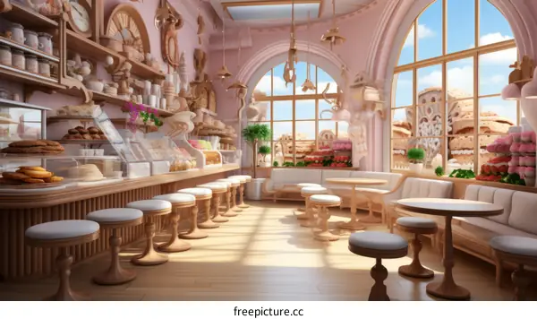Pink European-style coffee shop interior with large windows