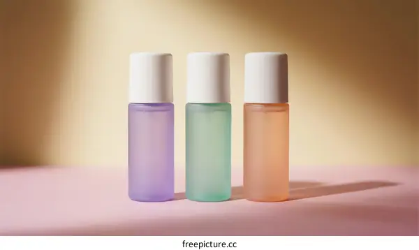 Three colorful bottles of skincare products on pink background