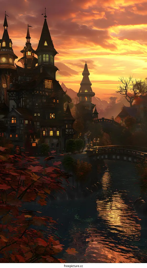 Fantasy Town with Sunset and Bridge