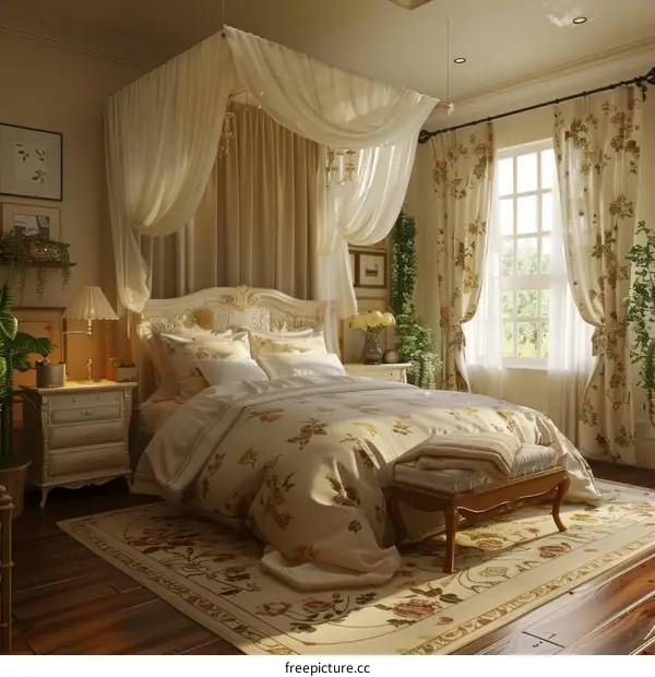 Elegant Vintage Bedroom with Floral Bedding