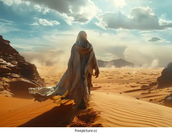 Lone Figure Walking Through the Desert