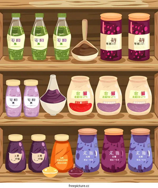 Assortment of Food Products on Wooden Shelves