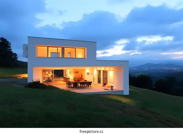 Modern White House with Terrace overlooking Valley Landscape at Dusk