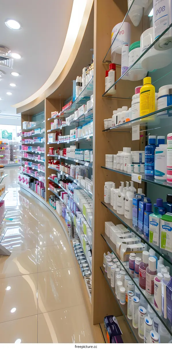 Pharmacy Interior with Shelves Full of Medicines and Products