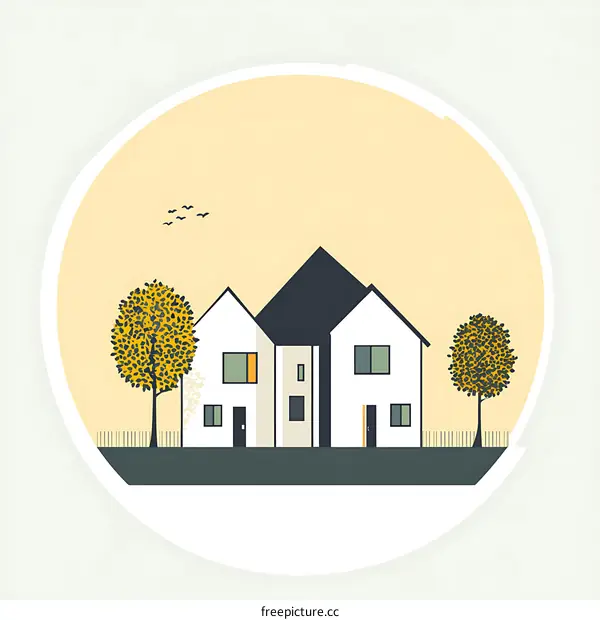 Minimalist Illustration of Three Houses with Trees and Birds