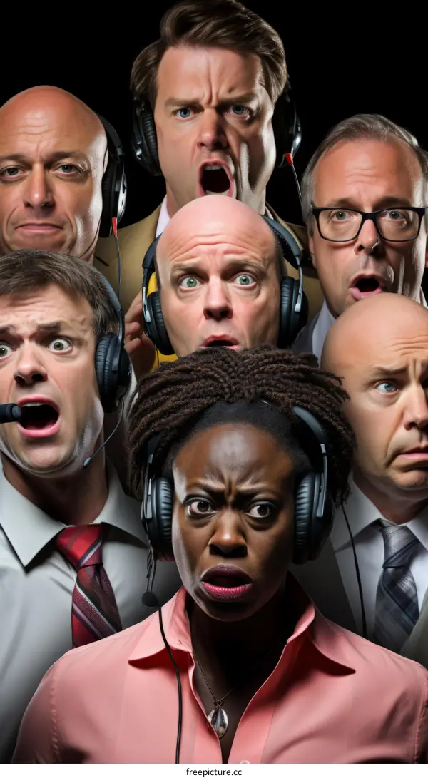 A group of people wearing headphones are looking at something in shock.