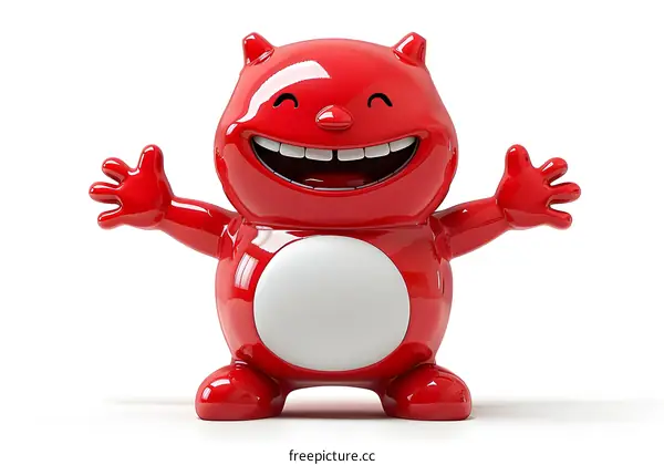A red alien with a big smile on its face and its arms outstretched.