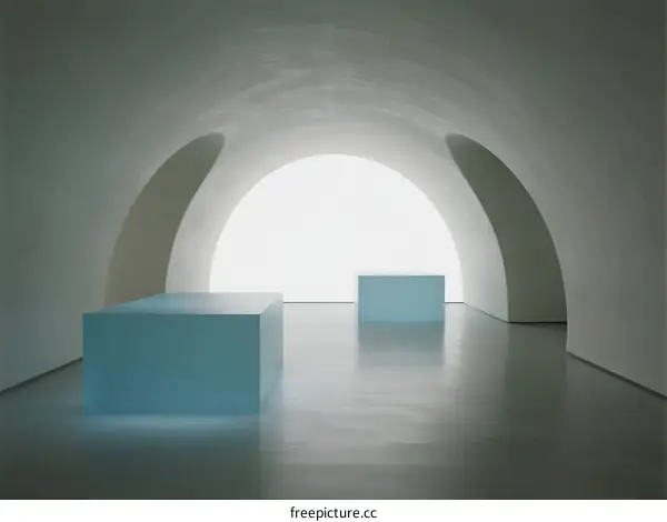 Minimalist White Arched Hall with Blue Cubes Installation