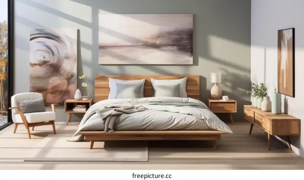 A bedroom with a bed, a chair, and a dresser