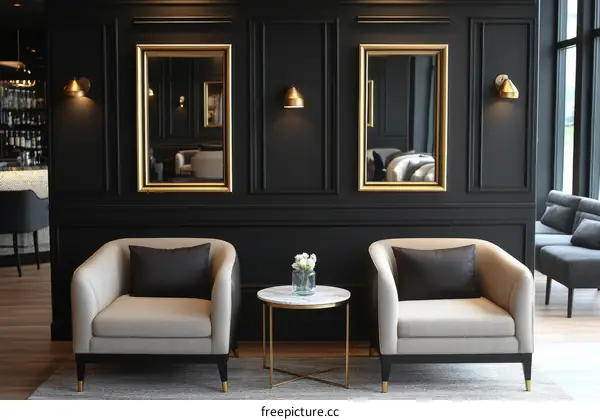 Modern Lounge Area with Gold Framed Mirrors