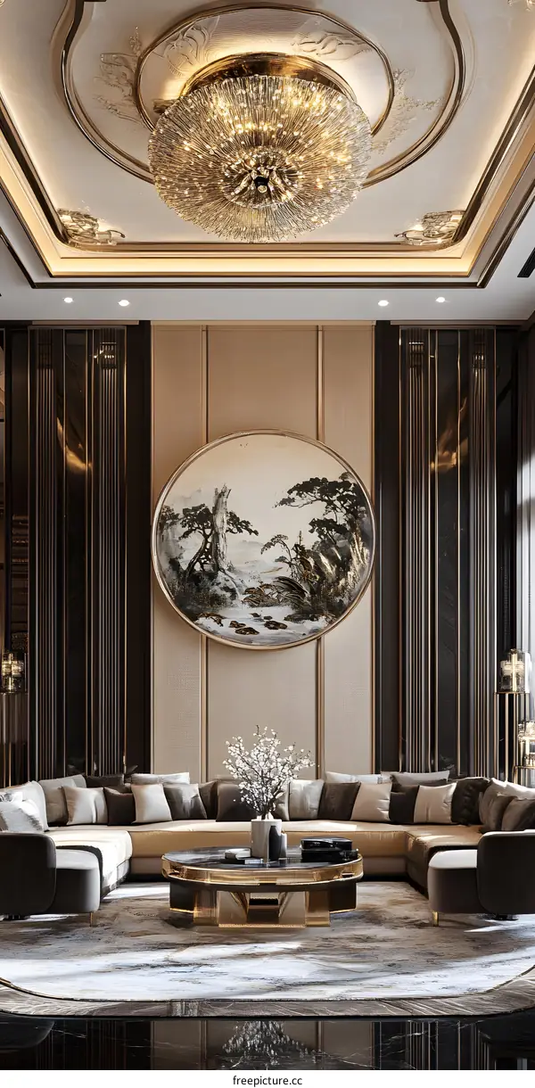 Modern Luxury Living Room Interior Design With Golden Accents And A Large Chandelier