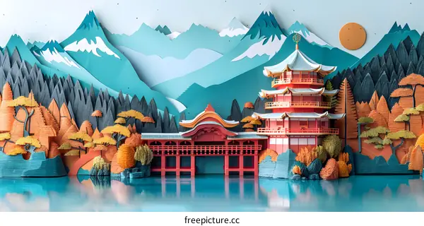 Papercut Illustration of Japanese Temple and Mountains