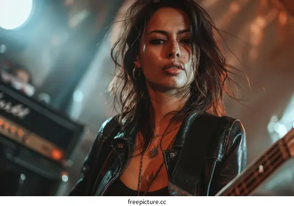 Portrait of a female musician playing bass guitar on stage