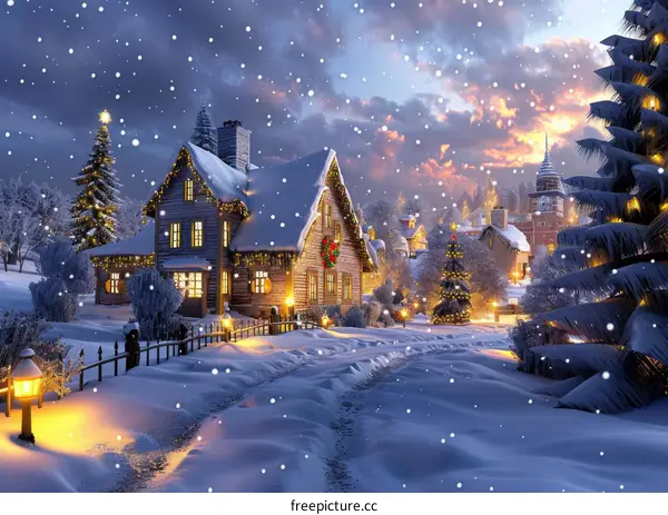 Snowy Christmas Village Scene Illustration