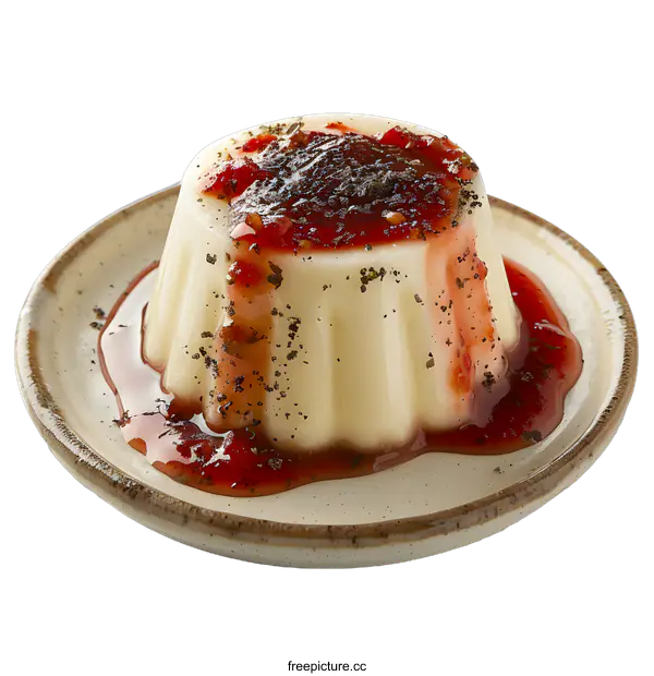 [Transparent Background PNG]Vanilla pudding with strawberry sauce and black pepper