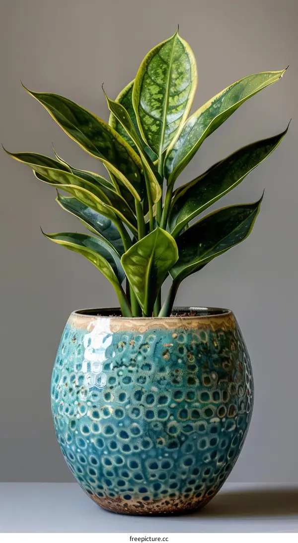 A beautiful houseplant in a blue and green pot