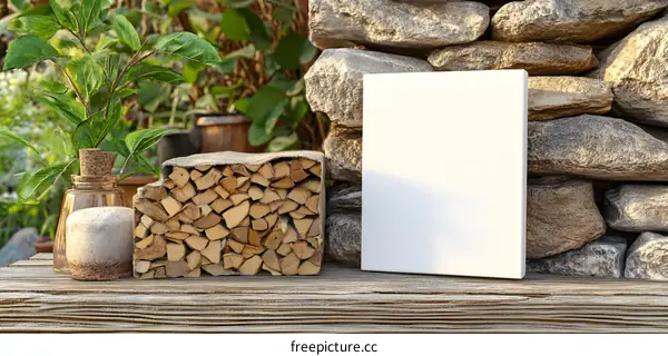 Blank Canvas Mockup with Wood and Stone Background