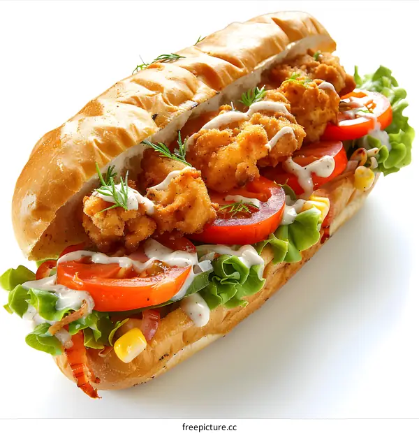 Fried fish sandwich with lettuce, tomato, and onion