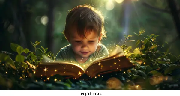 Little boy reading a magical book in the forest