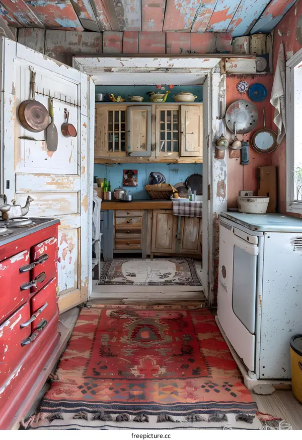 Old Vintage Kitchen Interior With Red Stove and Wooden Cabinets