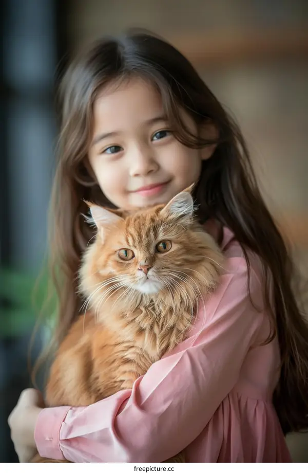 Little girl hugging a ginger cat