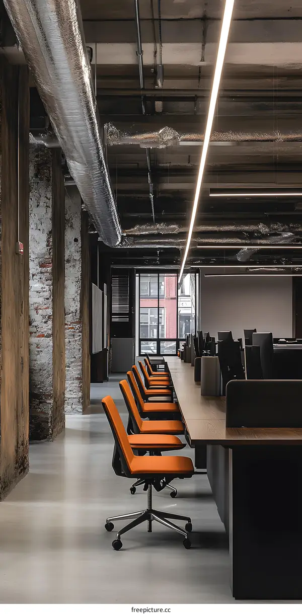 Modern Industrial Style Office Interior Design With Exposed Brick Walls and Long Work Tables