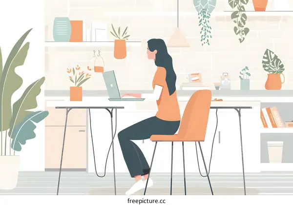 Woman Working on Laptop at Home Office