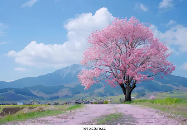 Pink Cherry Blossom Tree in Front of Mountain Landscape