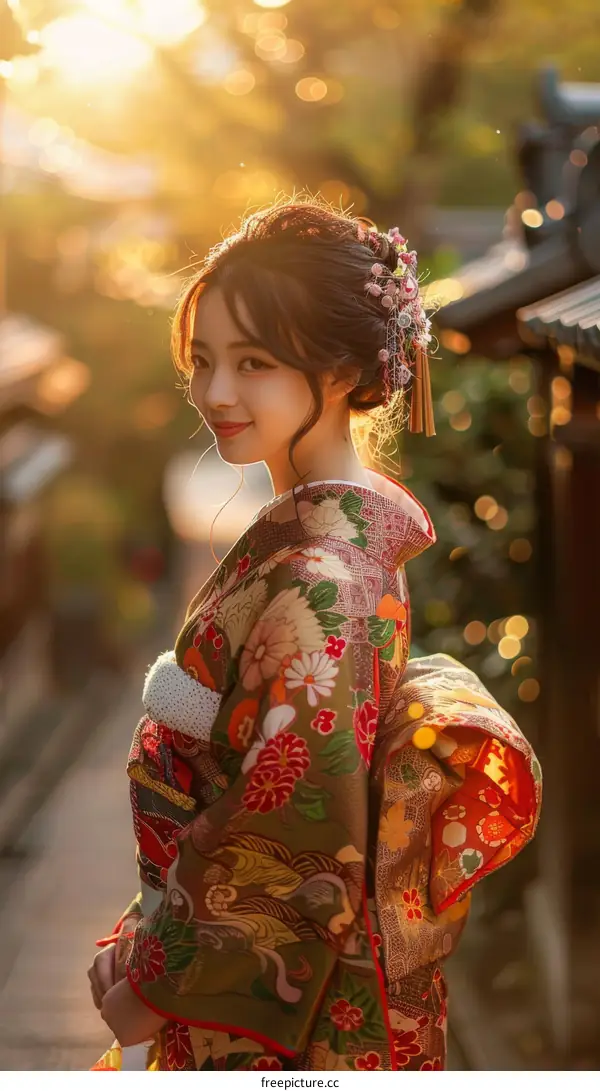 Portrait of a young woman in a kimono