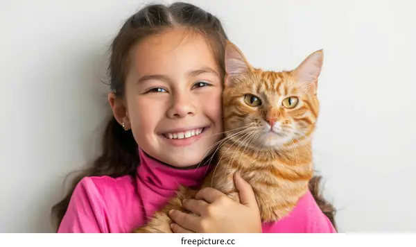 Little girl hugging a ginger cat