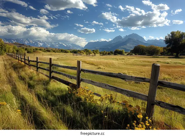 Wooden fence in front of a grass field and mountain landscape