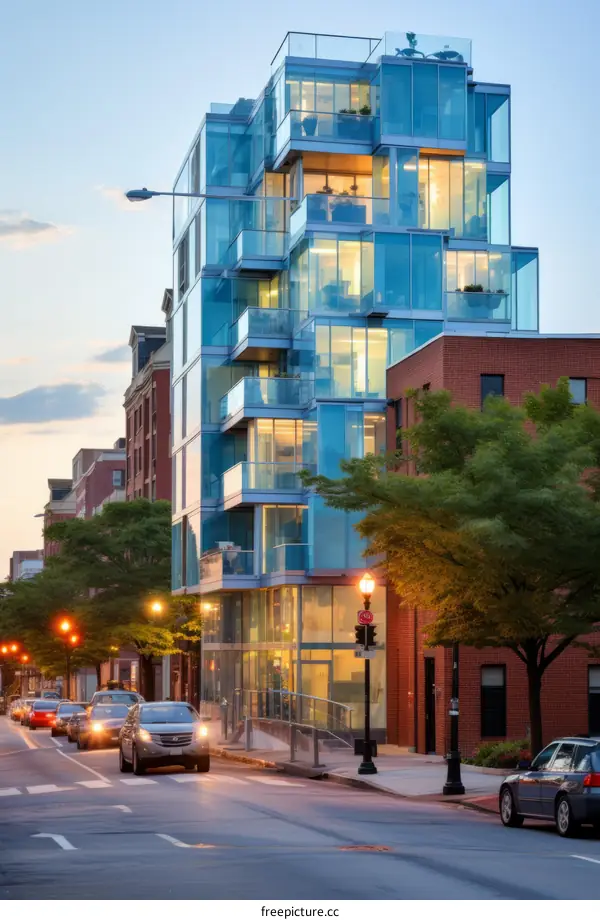 Modern glass facade of an apartment building in the city