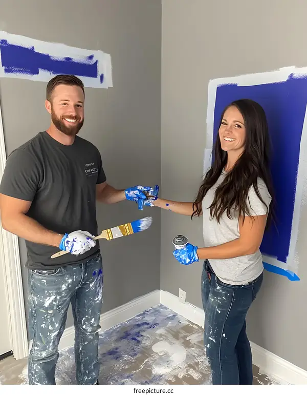 Couple Painting Room Blue and White Together