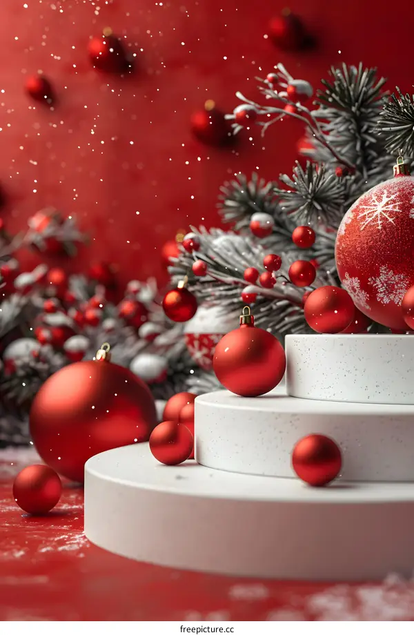 Red Christmas Ornaments on White Platform with Snow Falling