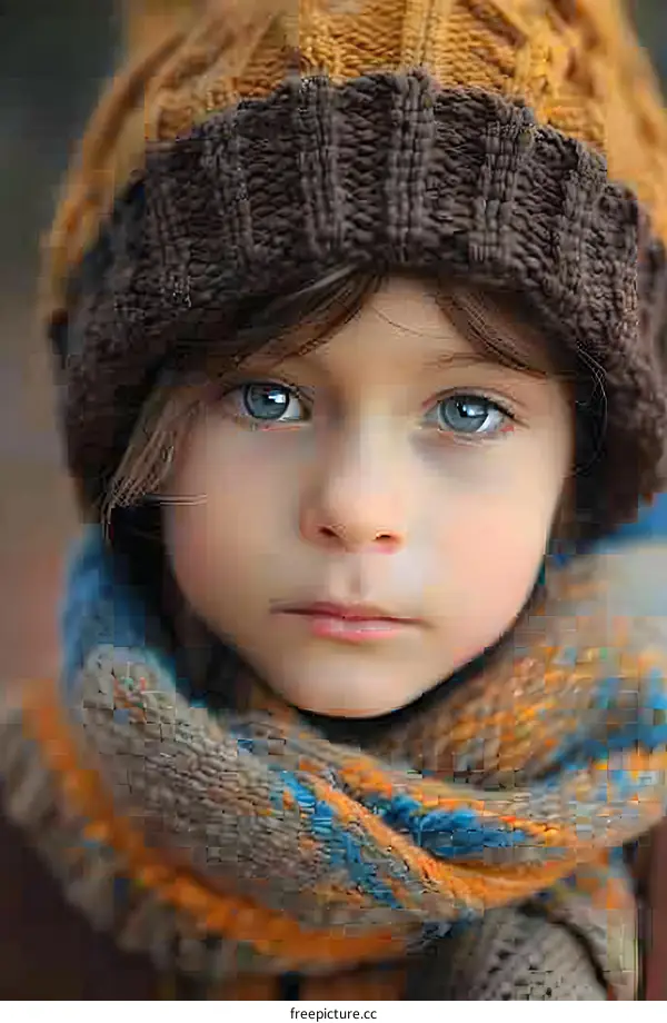 Portrait of a cute child wearing a brown and orange beanie