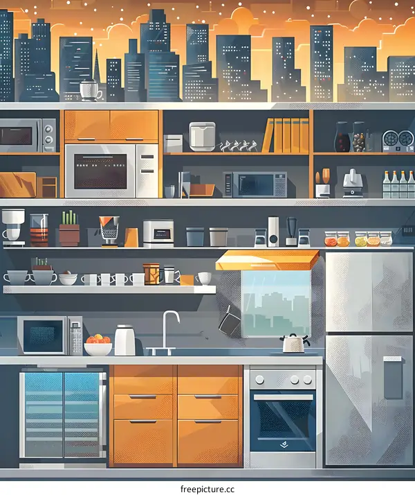 Modern Kitchen Interior Design With City Skyline View