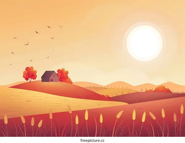 Autumn Landscape with Rolling Hills, Trees and a Farmhouse