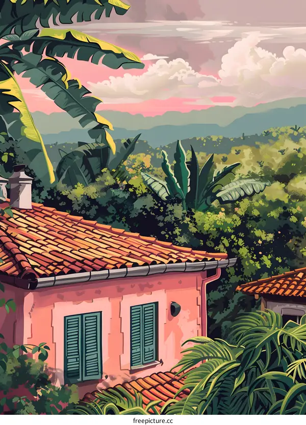 Tropical House with Green Shutters in the Jungle