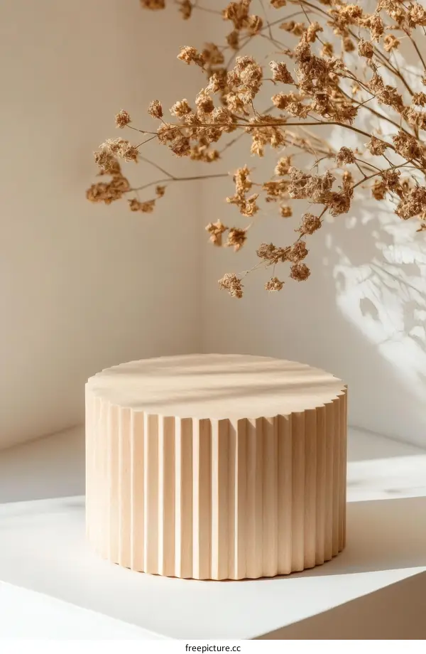Light Beige Cylindrical Display Stand with Dried Flowers