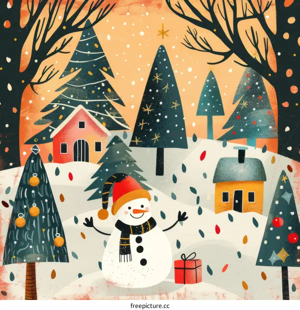 Snowy Christmas Village with Snowman and Decorated Trees