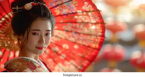Portrait of a beautiful Japanese woman in traditional kimono holding a red umbrella