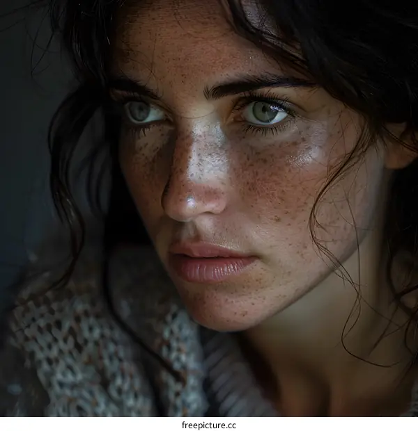 Close-up portrait of a young woman with freckles on her face