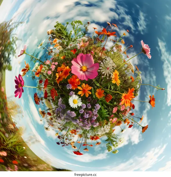 Colorful Summer Flowers Bouquet in a Fisheye Lens Perspective