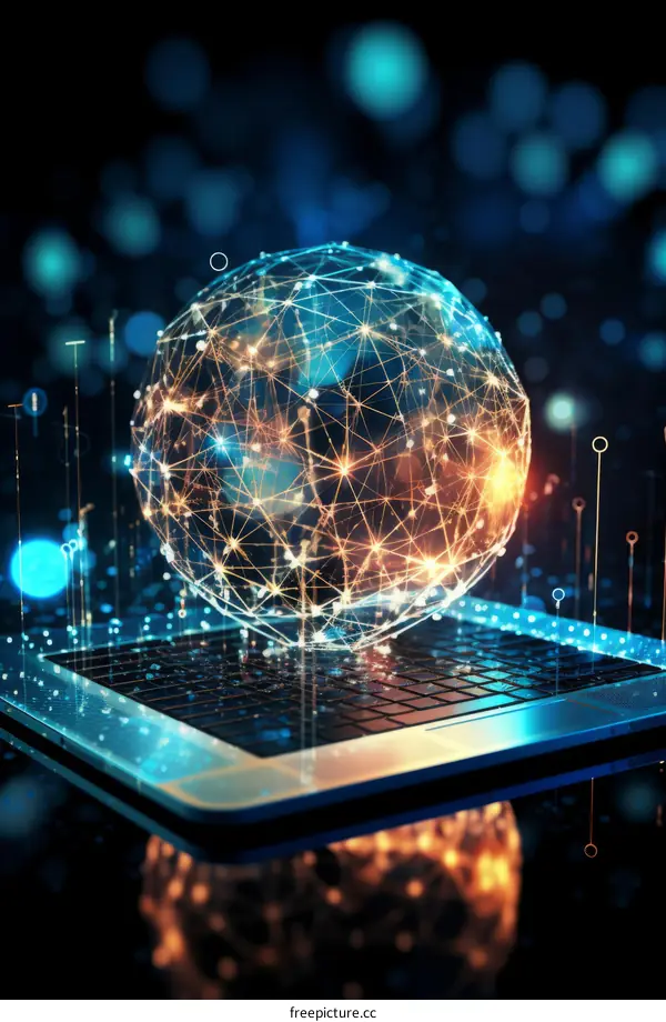 Laptop with glowing sphere of network connections above keyboard