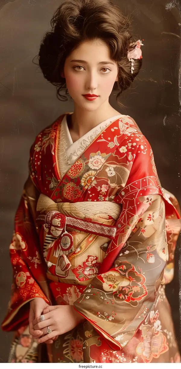 A Japanese Geisha in an Exquisite Traditional Kimono