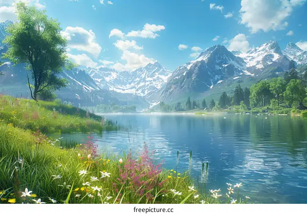 Majestic Mountains, Serene Lake, and Vibrant Flowers