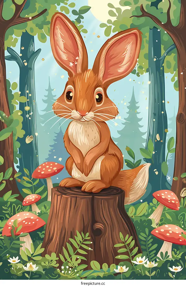 Cute Rabbit Sitting On Tree Stump In Forest Illustration