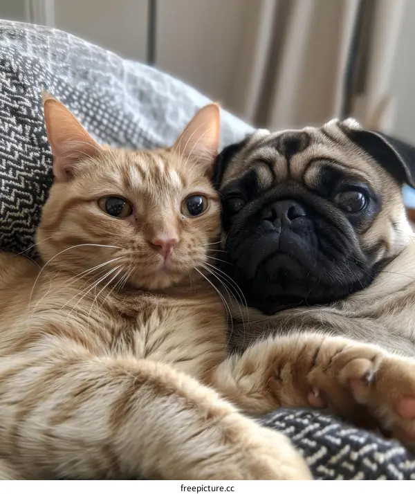 Orange cat and pug lying together on a blanket