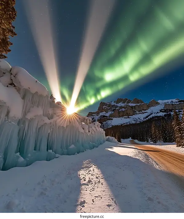 Aurora Borealis Over Frozen Waterfall in Winter Landscape